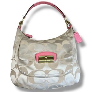 Coach Kristin Tan & Peach Signature Large Hobo Shoulder Bag